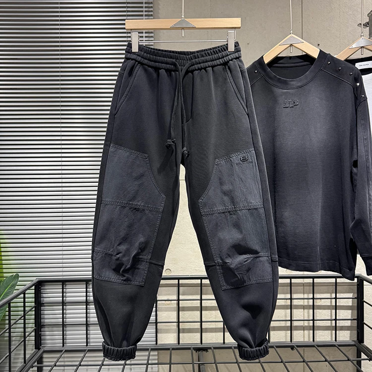 高品质秋冬新款休闲卫裤男宽松复古水洗束脚裤潮流拼接运动哈伦裤