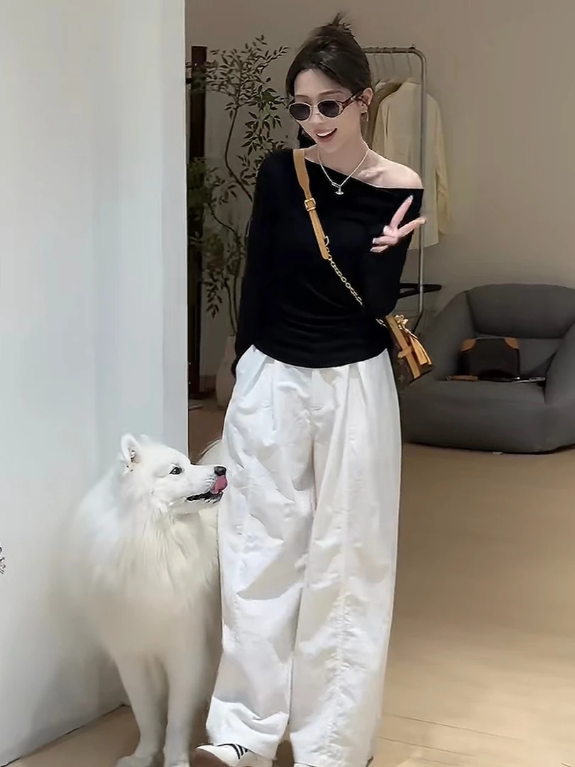 新款韩系休闲显瘦斜肩露背长袖T恤配宽松直筒阔腿裤套装