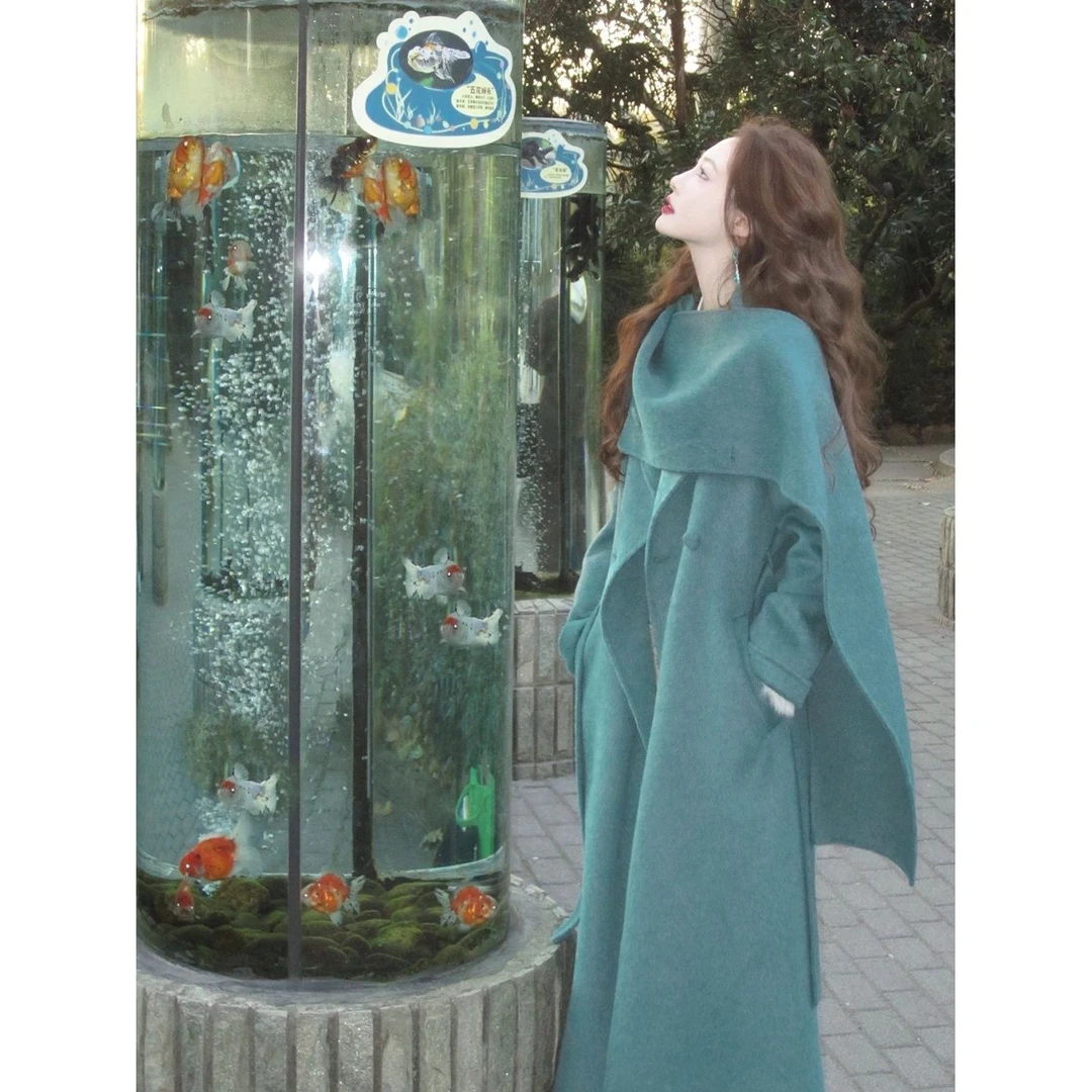 【青墨】围巾披肩气质毛呢大衣冬季新款复古高级感长款呢子外套秋冬