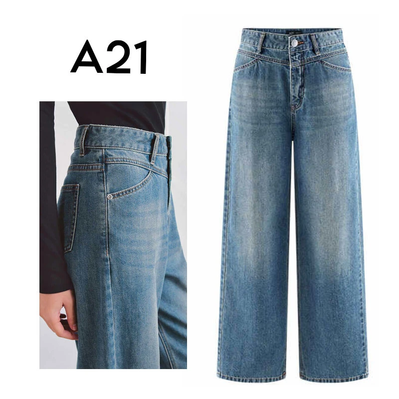 A21女装高腰直筒牛仔裤百搭长裤水洗阔腿裤F451226001