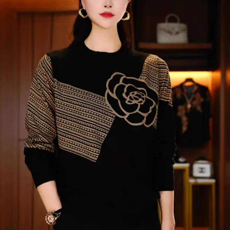 高档小衫秋冬澳绒女士上衣气质妈妈装印花长袖T恤时尚保暖打底衫