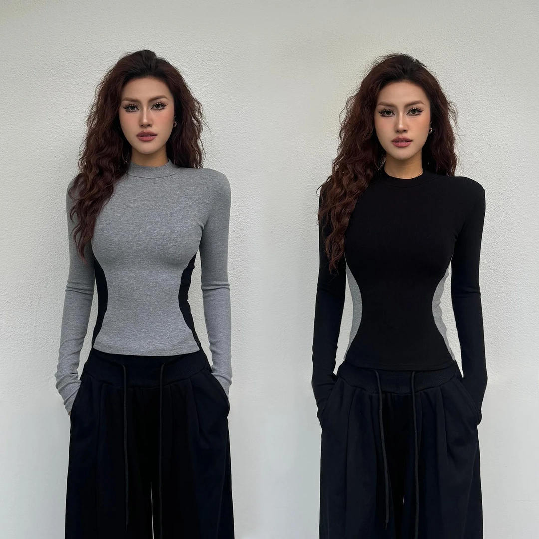 螺纹黑色撞色显瘦沙漏腰长袖T恤女秋冬时尚内搭洋气收腰显瘦上衣