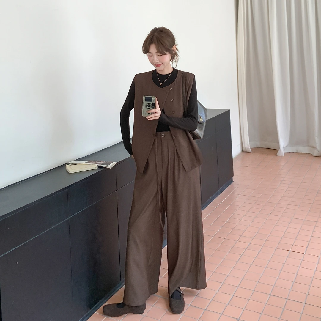韩系老钱风穿搭套装女秋装2025新款气质系带收腰马甲阔腿裤两件套