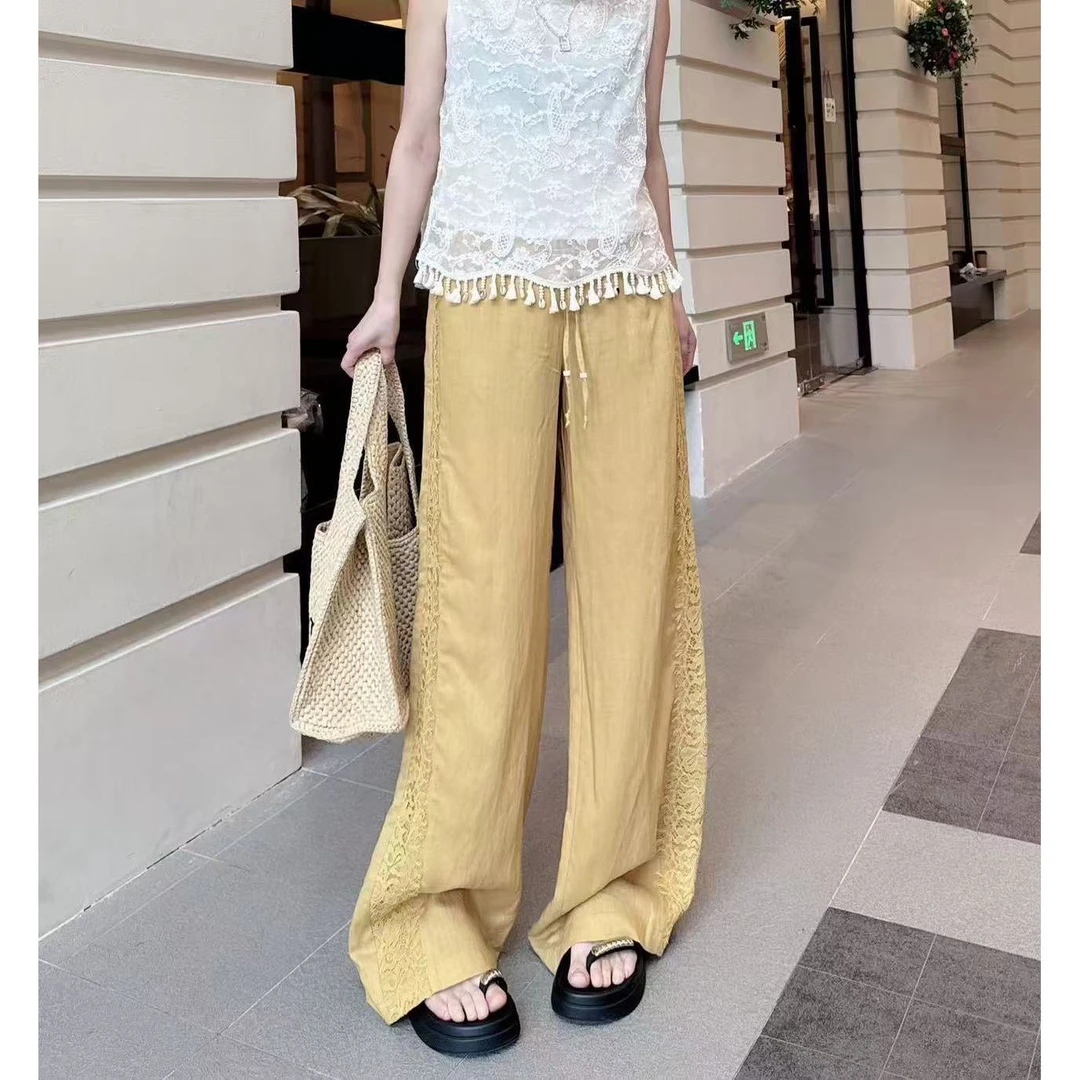 KIKI严选：5187-上上家欧货南油夏季蕾丝直筒拖地通勤百搭休闲裤