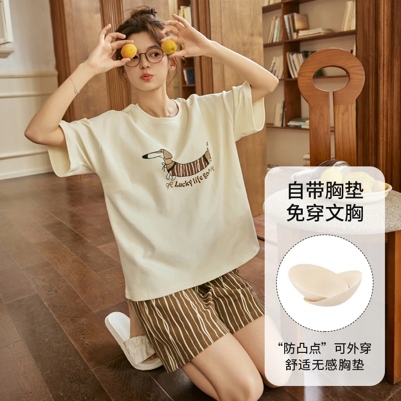 纯棉睡衣女款100%全棉可爱卡通带胸垫短袖套装少女学生宿舍家居服
