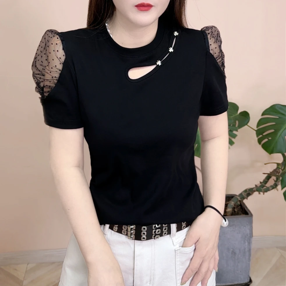2025春夏款新品时尚百搭修身显瘦蕾丝设计感个性女士短袖上衣7935