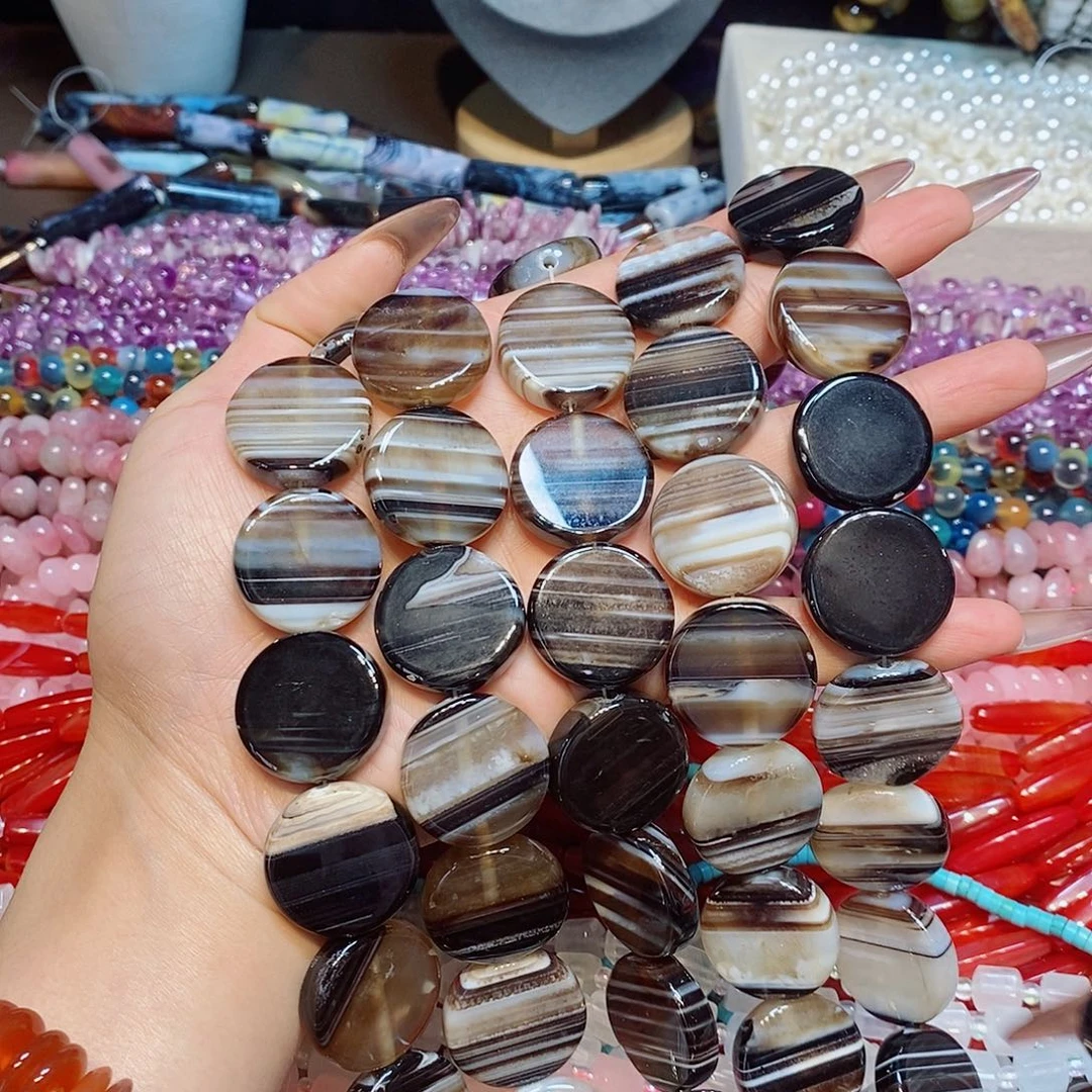 玛瑙/玉髓散珠天然美拉德玛瑙蚕丝25mm圆饼一条