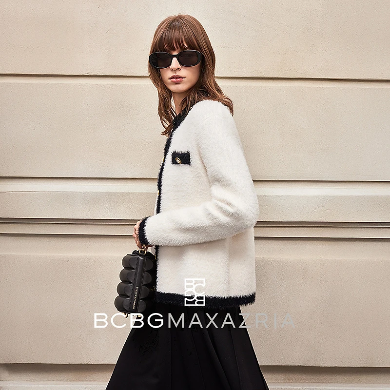 BCBGMAXAZRIA柔软水貂毛撞色边小香风女式针织外套BMQ07BZ1220