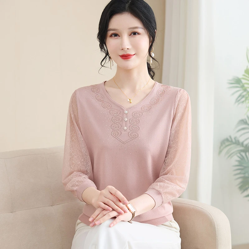 洋气妈妈装针织纱袖小衫40岁50岁新款春装中老年时尚女装上衣薄款