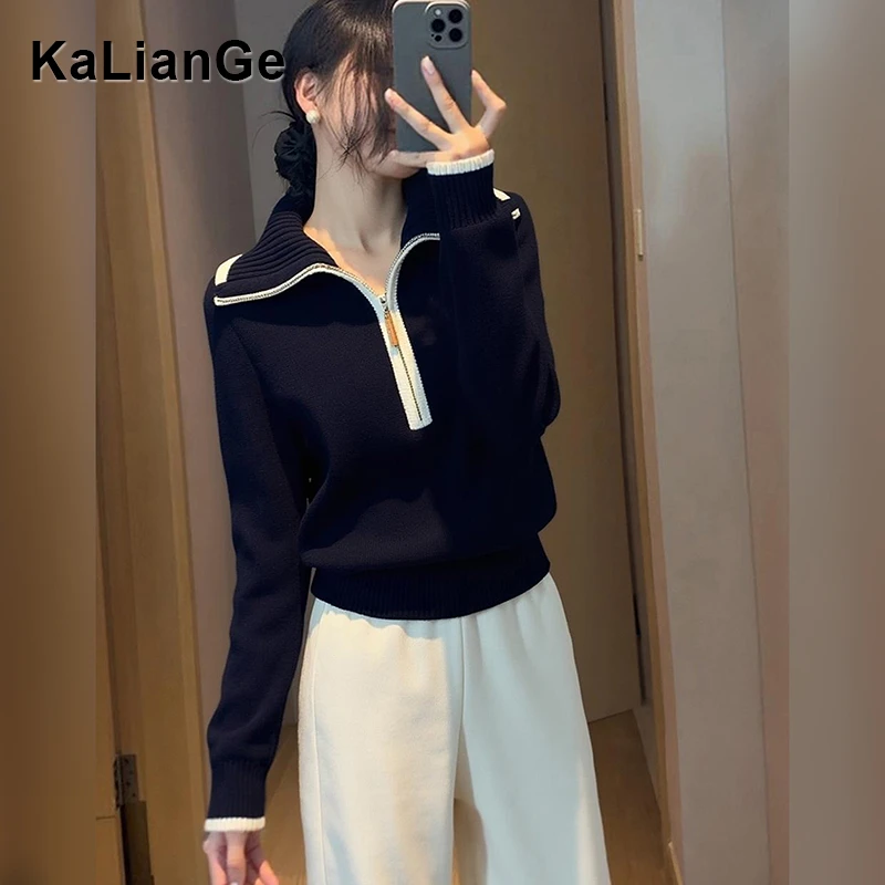 卡莲格/设计感撞色半拉链针织衫女2026秋冬慵懒减龄时髦打底毛衣