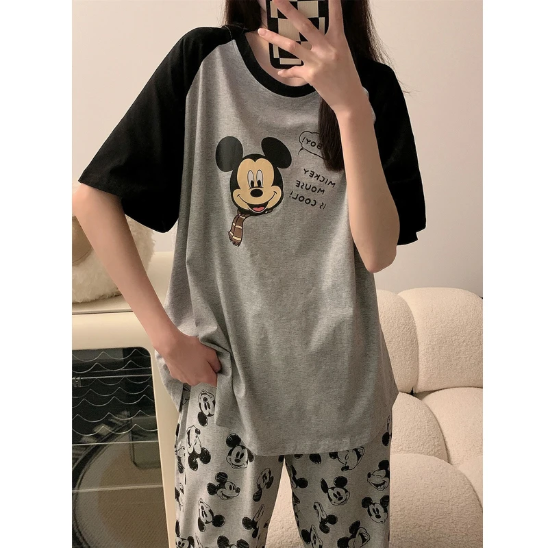 夏季睡衣女纯棉薄款短袖7分裤大码套装韩版卡通宽松女士家居服夏