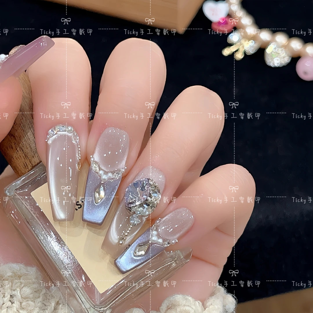 【梦中情紫】纯手工法式爆闪猫眼穿戴甲显白高级感美甲贴片