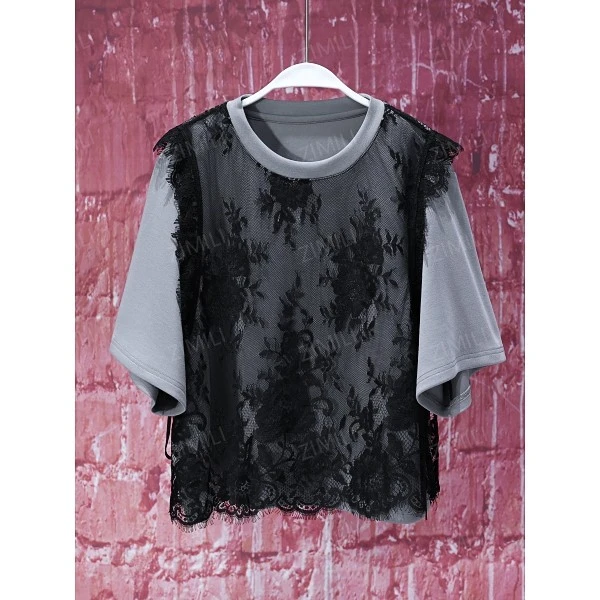 【韩哥女装】灰拼接黑色勾花蕾丝时尚休闲T恤9572