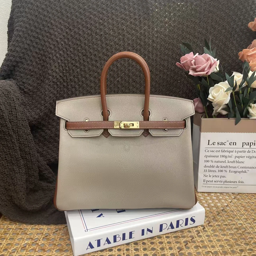 99新 Hermes/爱马仕 birkin 25 U 山羊皮 斑鸠灰焦糖色0924m0