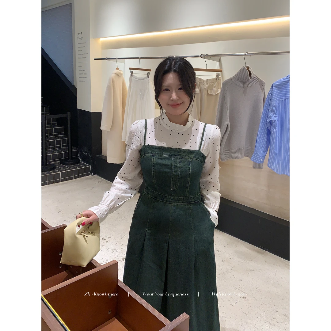 知葵微胖定制【氛围美神】初春复古牛仔吊带裙波点衬衫12244CS6226