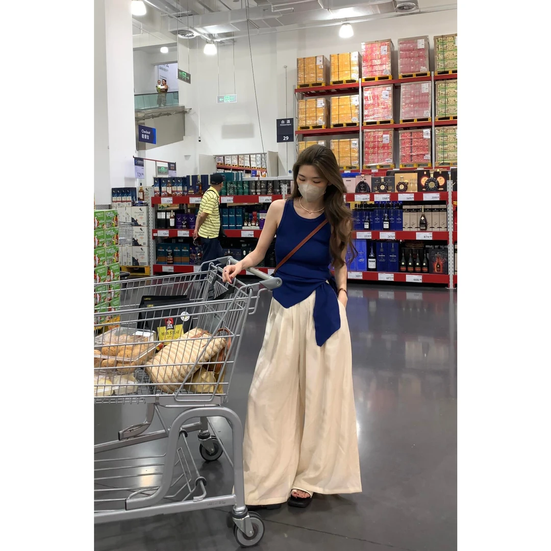 夏季设计感藏蓝色吊带不规则绑带背心松弛感休闲阔腿裤套装3140