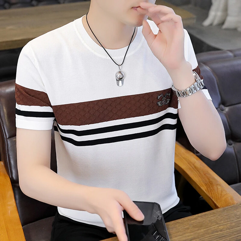 【高品质】2025夏季冰麻短袖时尚男士潮流半袖百搭休闲圆领T614  A