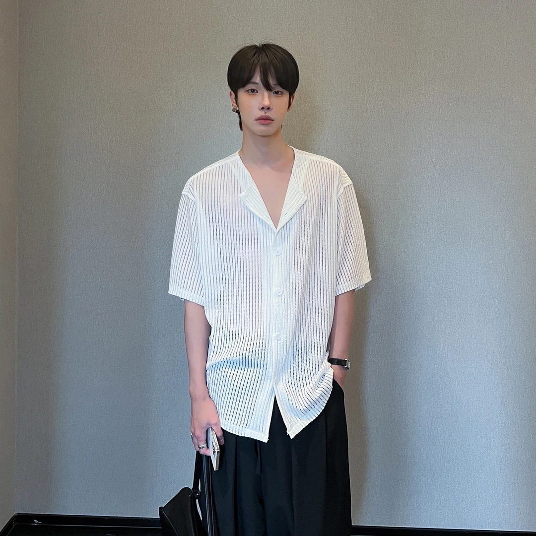 高林凡 夏季圆领镂空设计感短袖衬衫男女宽松休闲高级感半袖衬衣