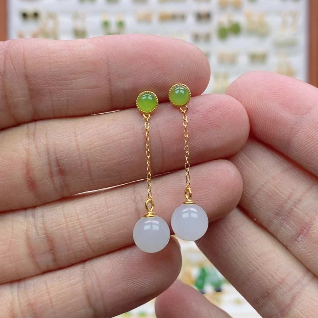 和田玉银S925镶嵌耳饰