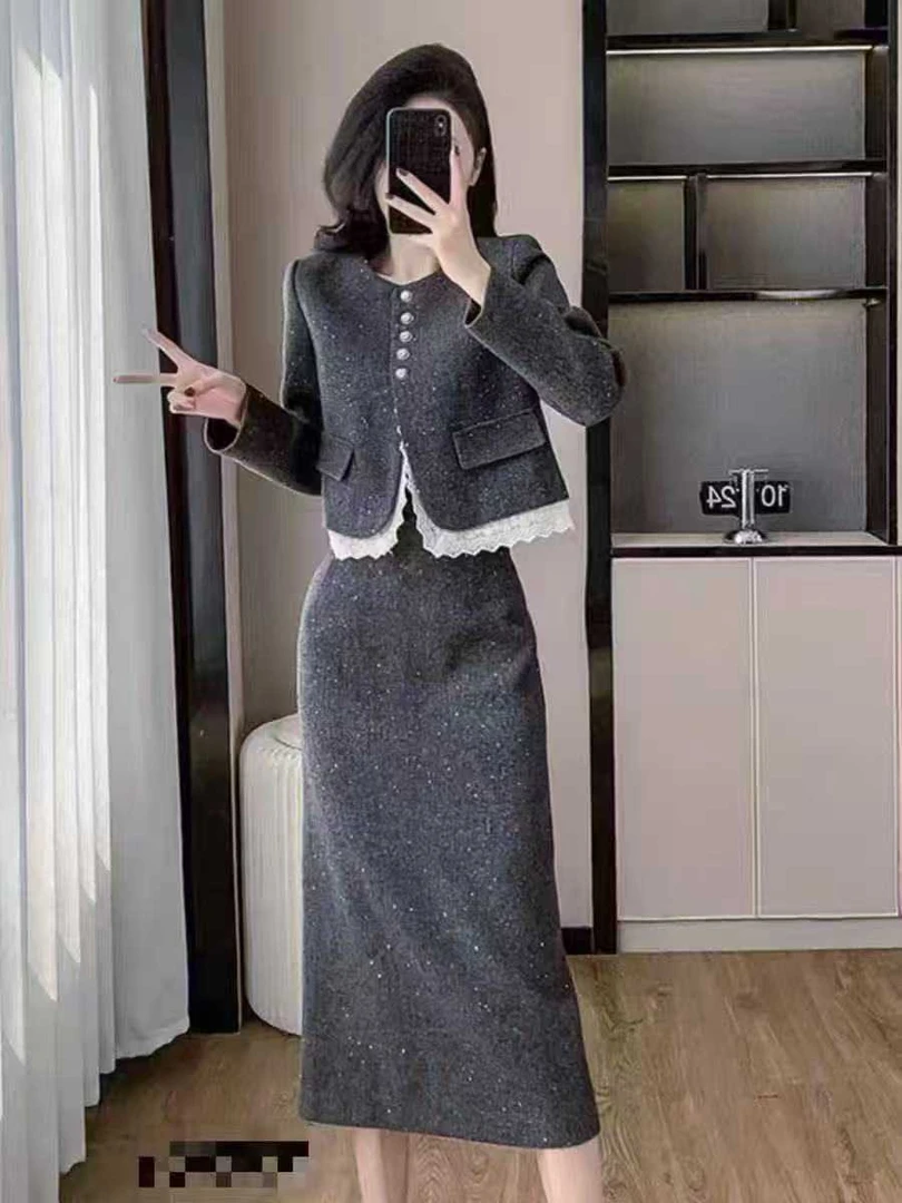25100小香风春秋高级套装名媛风蕾丝拼接半身裙气质两件套