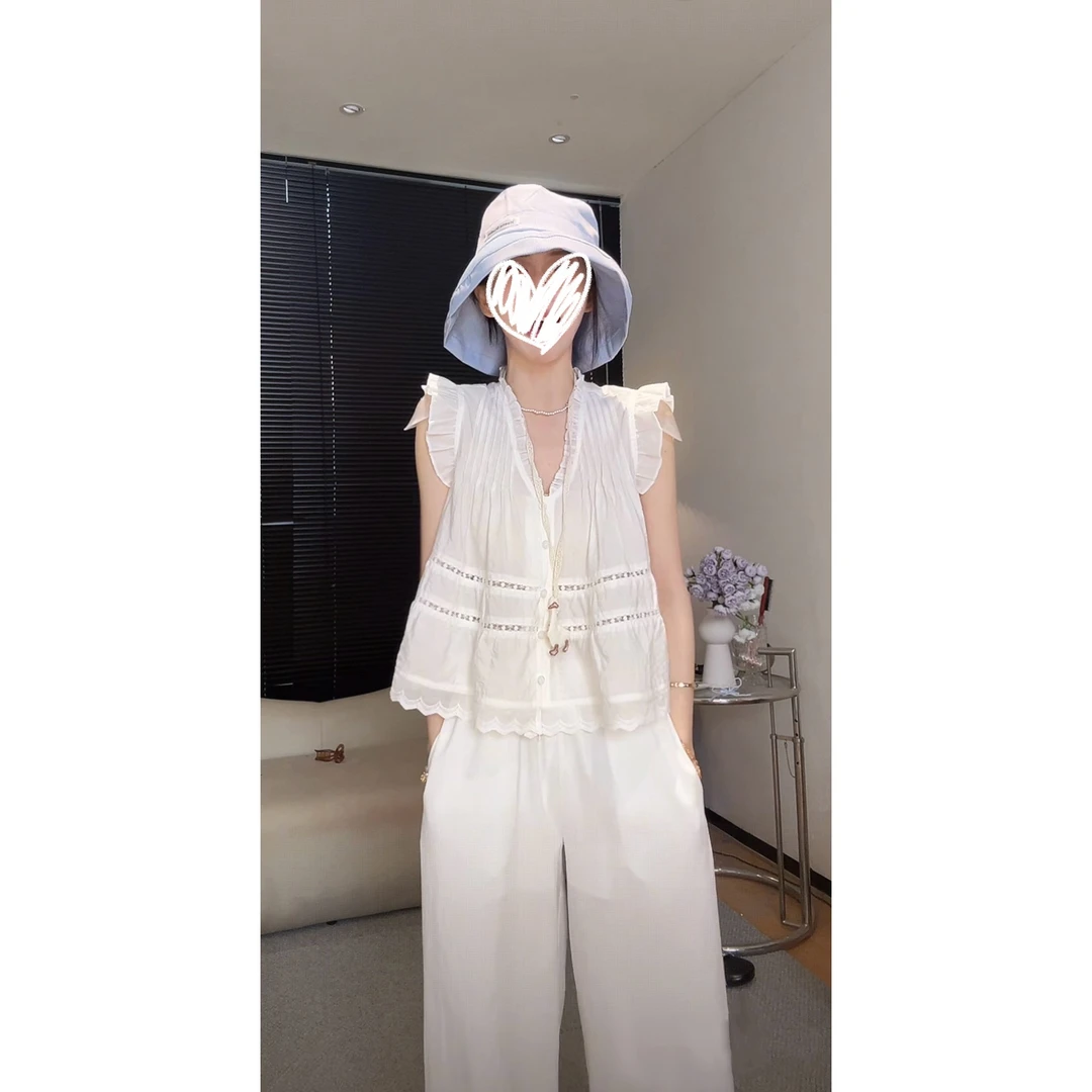 压褶荷叶边蕾丝花边上衣+短裙+白色仿麻裤Z 8993#