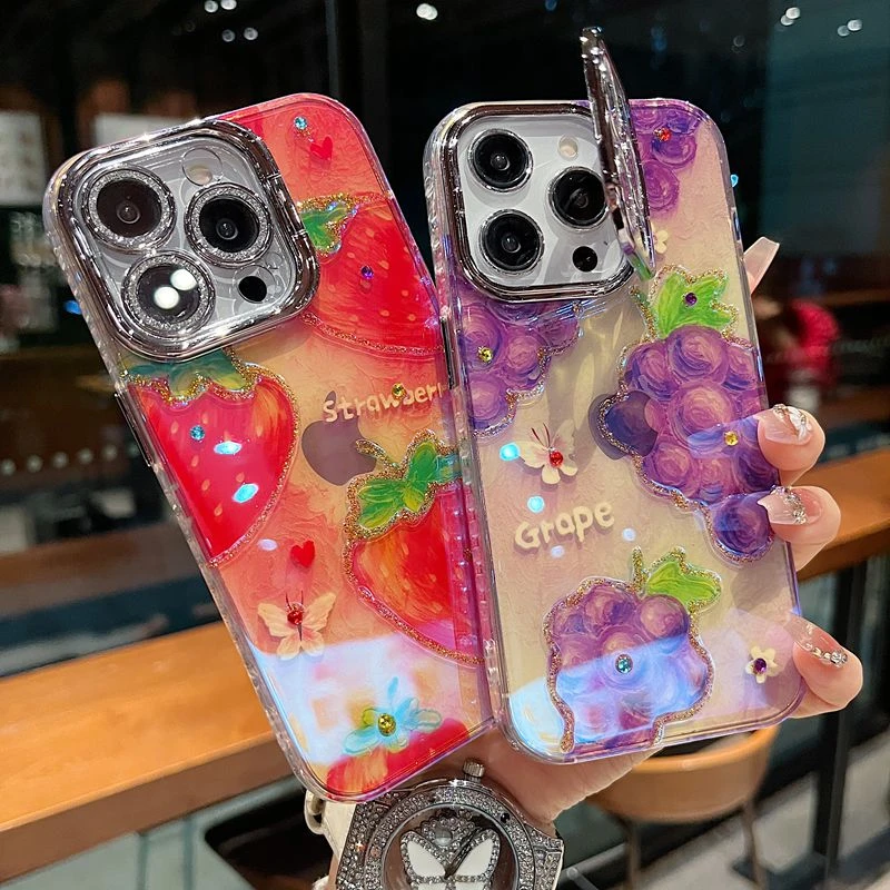 适用苹果系列iPhone16新款手机壳创意趣味油画水果闪粉镜头支架