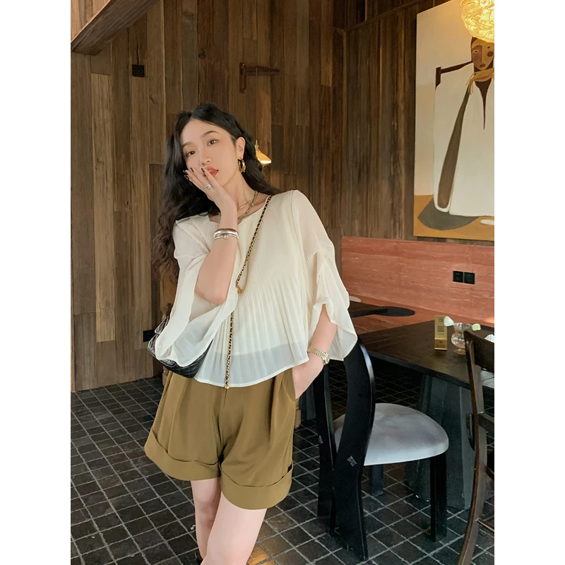 任小艺卷边阔腿裤休闲西装短裤女薄款夏2023夏季新款百搭裤A1605