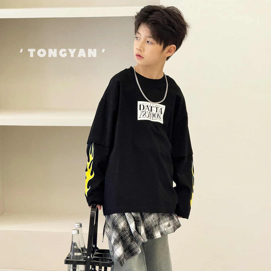 男童长袖T恤2025早春时尚中大童帅气打底衫儿童假两件上衣TY70893