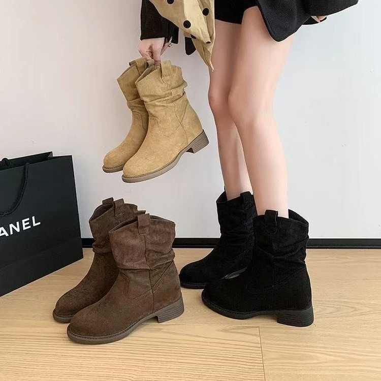 内增高美拉德马丁靴女秋款中筒显瘦堆堆褶皱复古低筒女靴