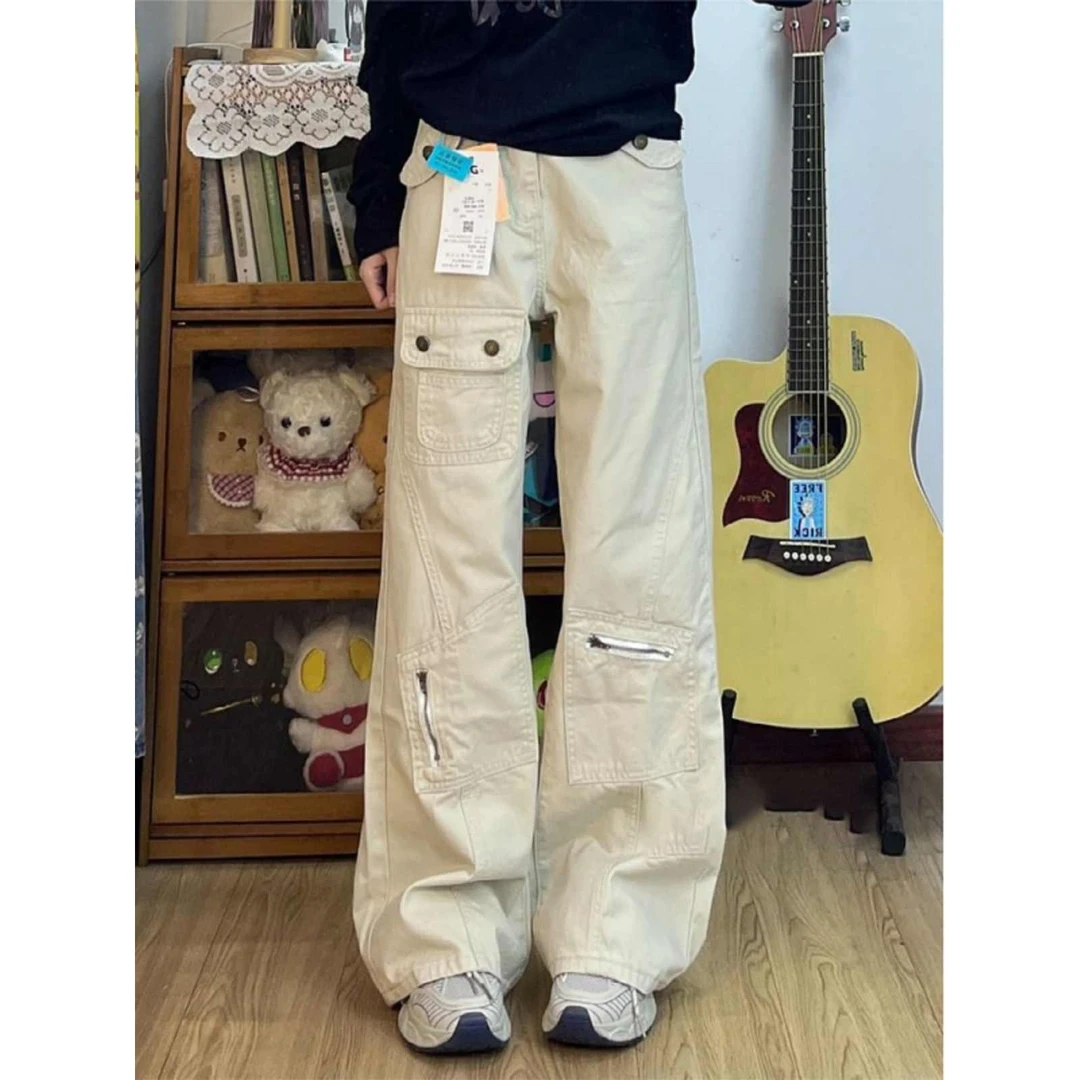 美式多口袋工装微喇牛仔裤女春夏新款宽松显瘦小众设计拖地长裤A