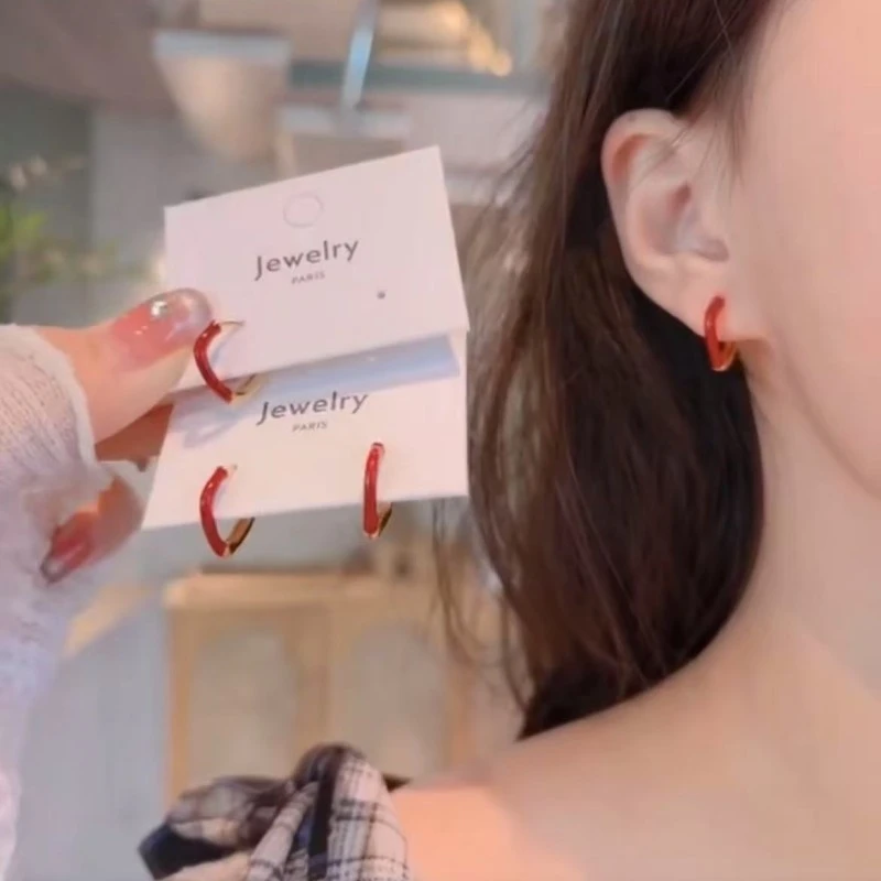 925银耳饰 高级新年安可拉红几何ab款耳扣