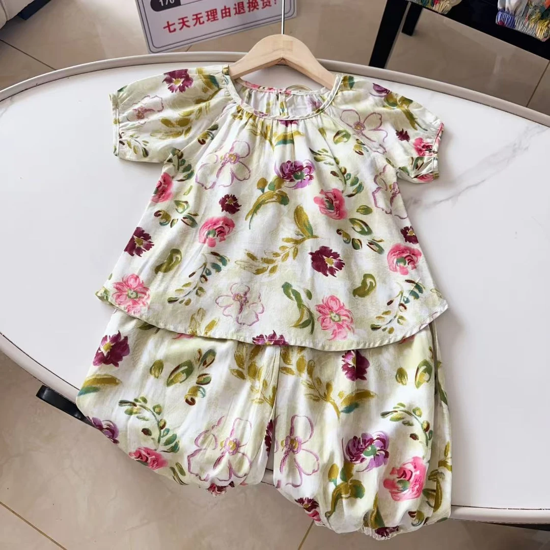 【女童集合T】国风在仓棉绸亲子短袖套装2025夏季女童短袖长裤套装