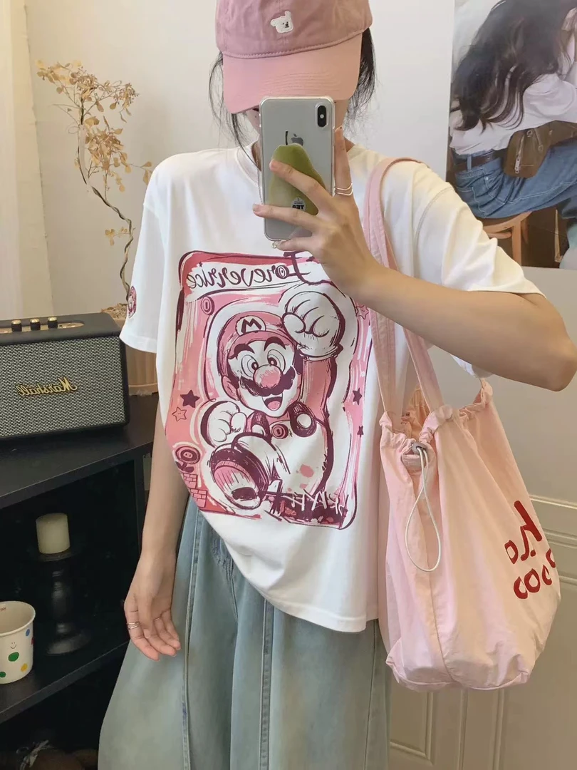 A364 马里奥印花减龄百搭T恤2574白色