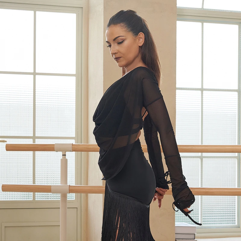 DZ新款拉丁舞服装女成人网纱露背不规则罩衫上衣国标舞蹈练功服装