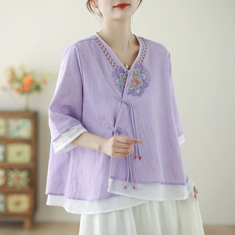 新中式斜襟盘扣衬衫女夏季复古国风刺绣改良汉服小衫禅意茶服上衣