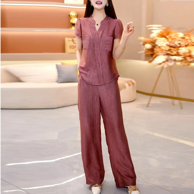 时尚天丝纯色休闲套装女2025新款夏季轻薄穿搭短袖阔腿裤两件套潮