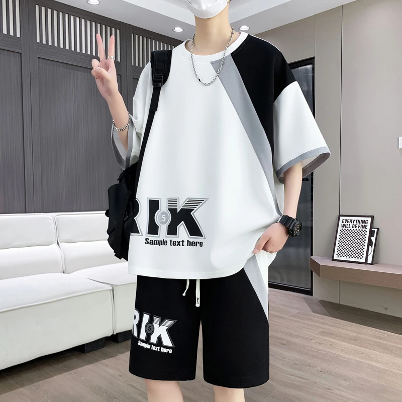 夏季短袖t恤男生宽松休闲拼色潮流五分袖青少年一套搭配时尚套装