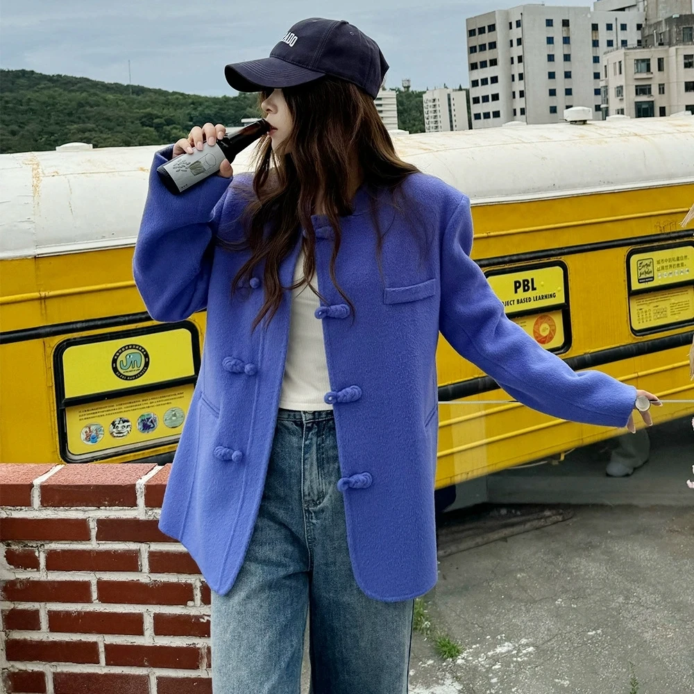 羊毛兔毛国风立领盘扣外套飒爽中山装中长款宽松大衣