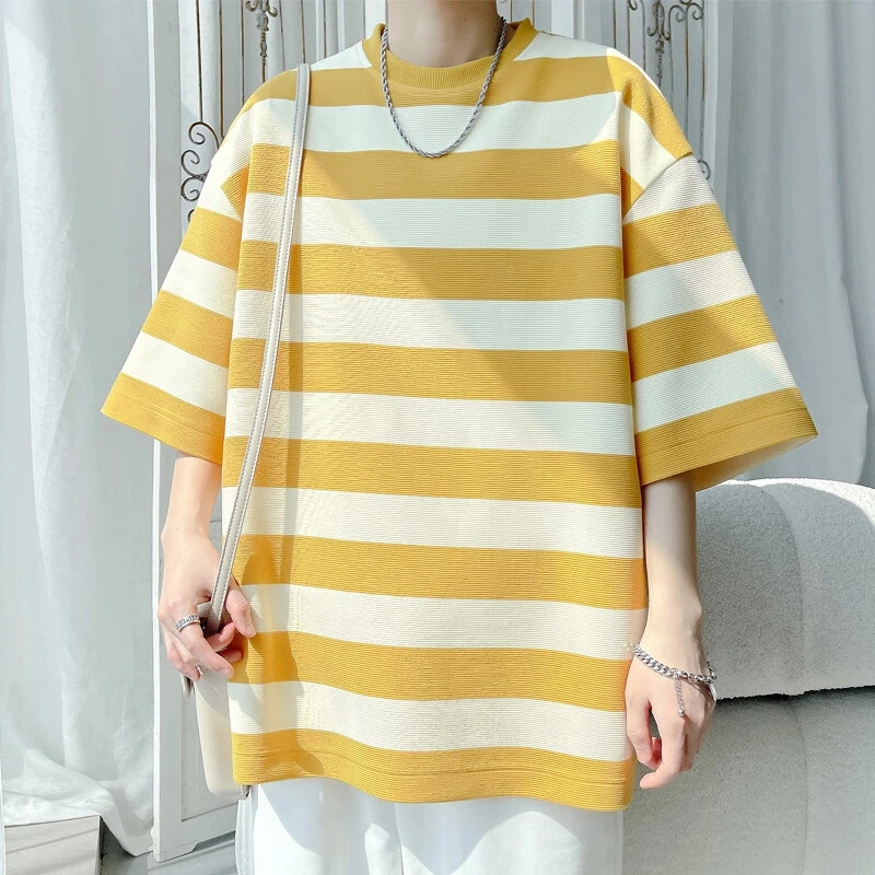 引创短袖t恤男夏季新款港风潮流宽松拼接条纹大码圆领上衣长T恤男