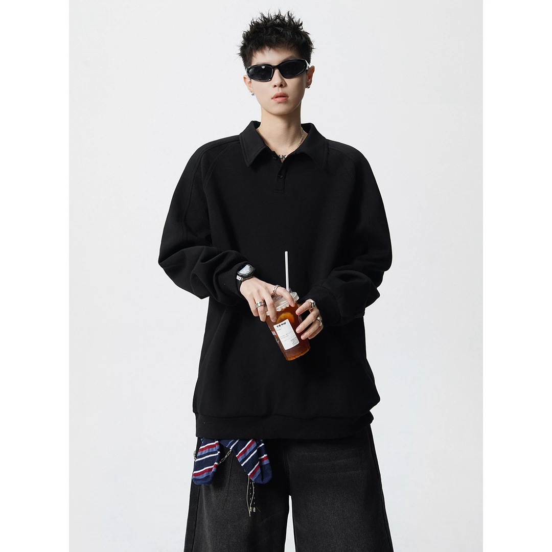 亨利领结构分割卫衣男秋季高级感潮牌宽松重磅外套polo领套头上衣