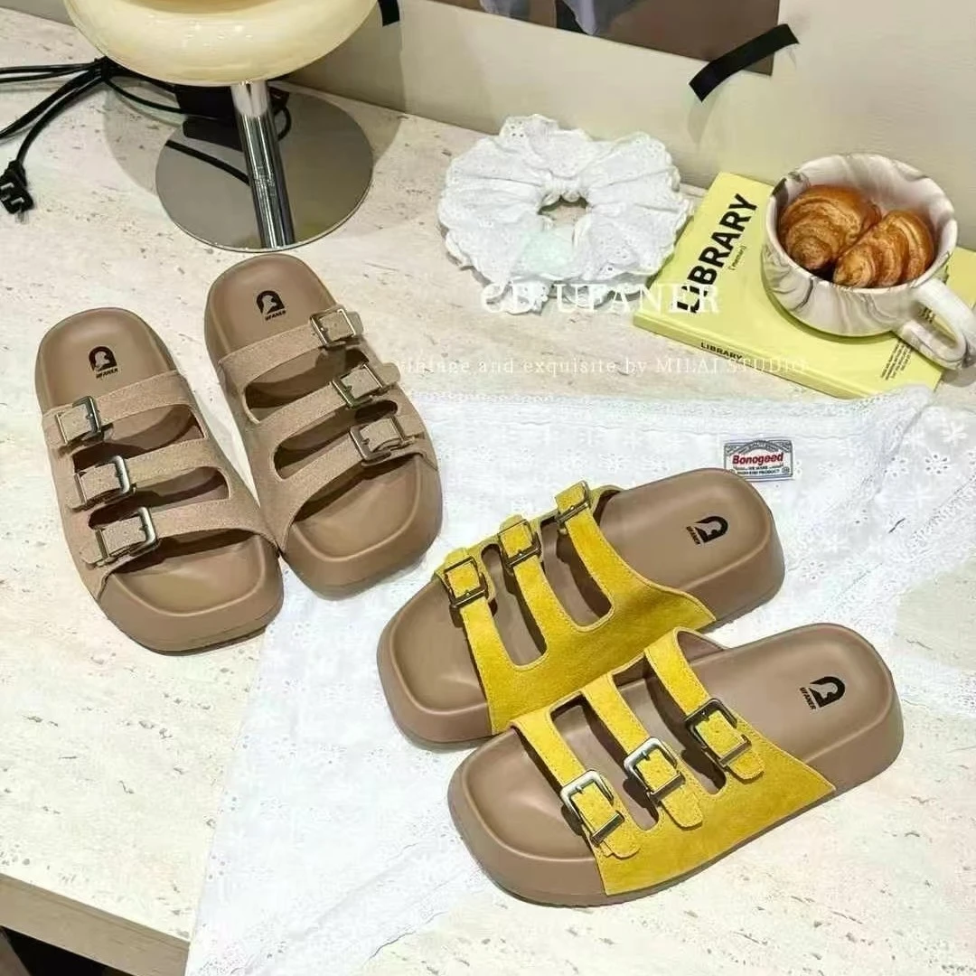 诗涵家 真皮厚底潮款一字拖25-1