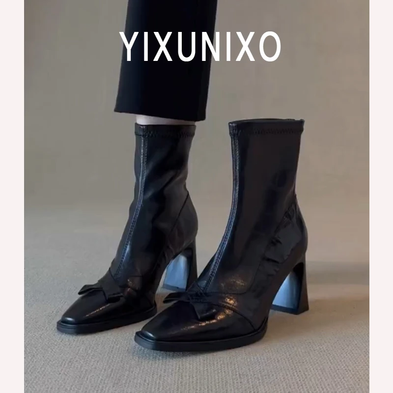 法式软皮后拉链方头马丁靴时尚黑色高跟短靴子女靴蝴蝶结瘦瘦靴子