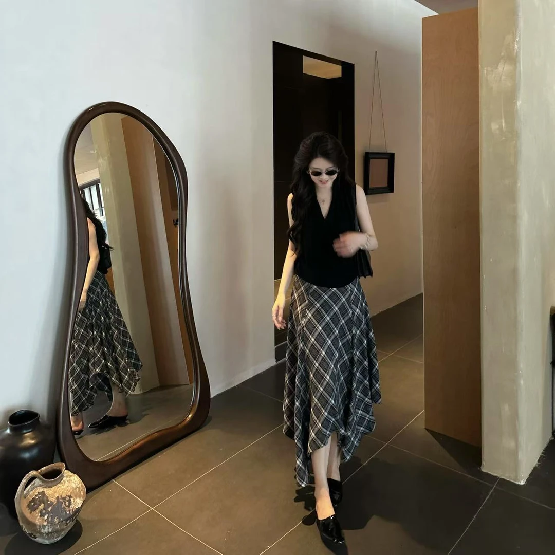 DANSO玉美华【维希格】高腰轻熟风格子长裙薄款半身裙 560325C