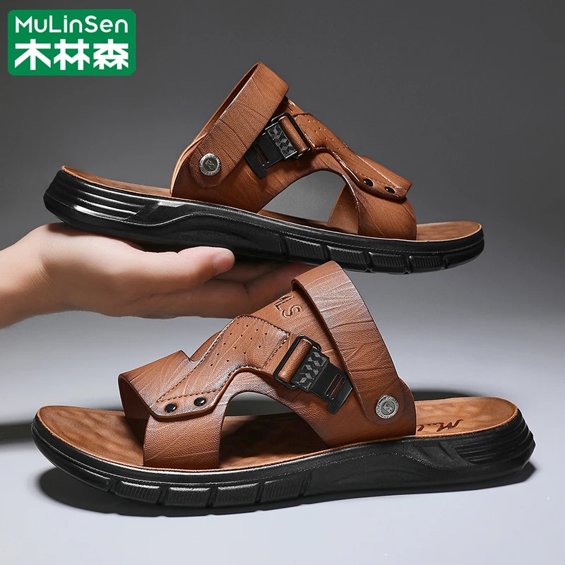 木林森皮凉鞋男款爸爸2025新款夏季沙滩鞋外穿司机软底两用凉拖鞋
