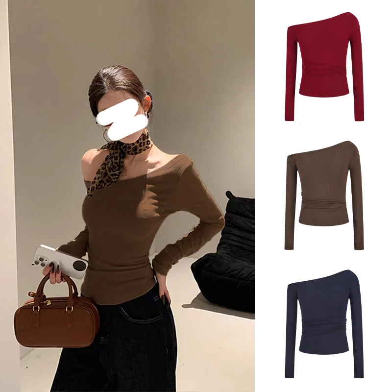 Moses Queen/魔西女王性感辣妹风斜肩t恤女长袖修身紧身显瘦上衣