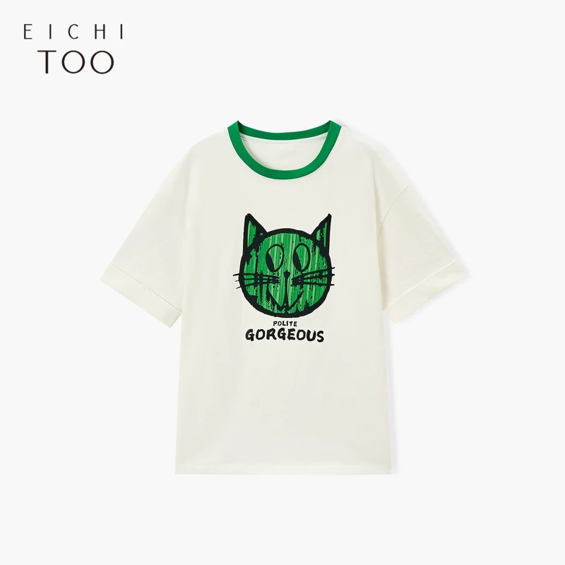 夏季贴布猫咪图案T恤