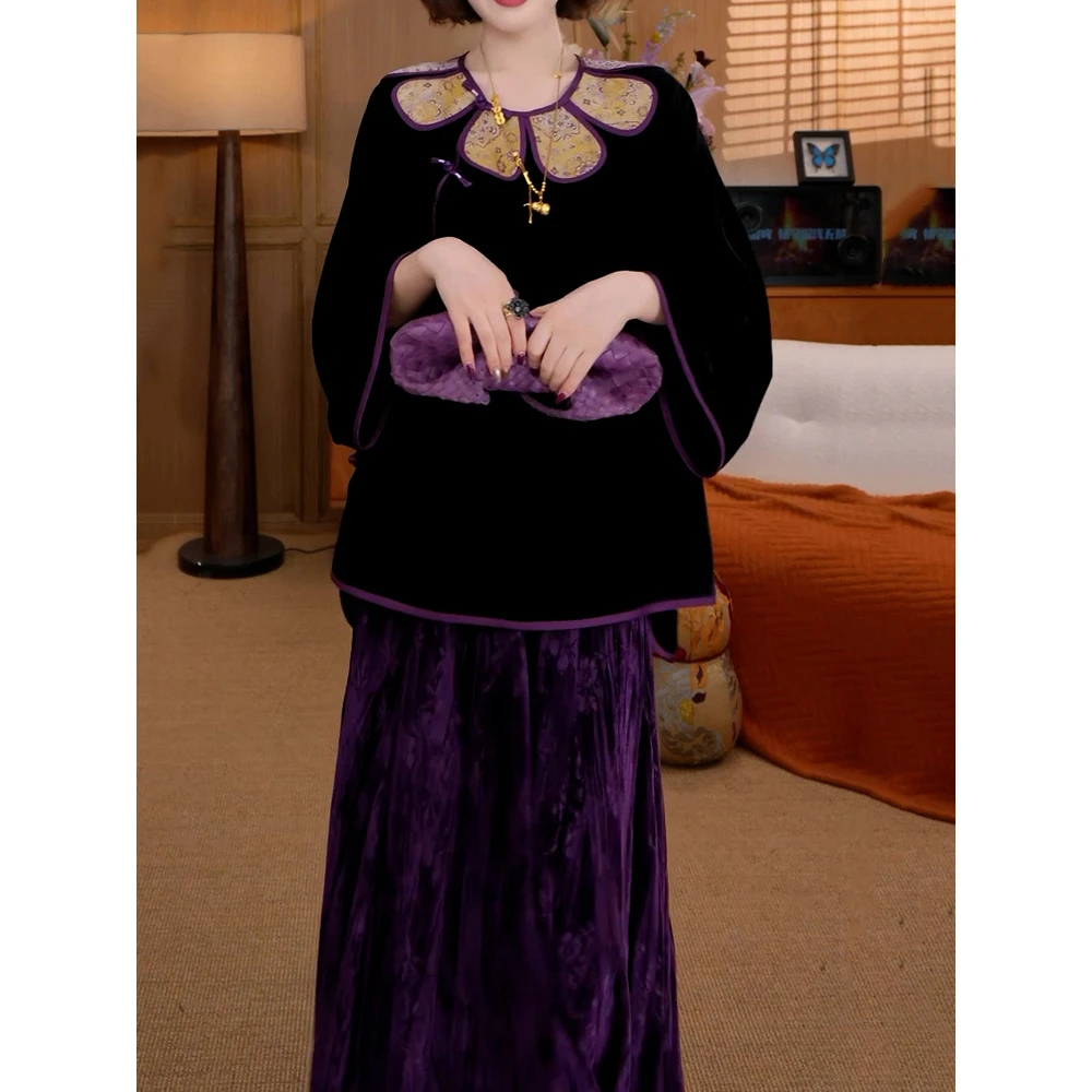 时尚高级感丝绒裙套装2025秋季新款轻奢优雅圆领好看上衣+半身裙