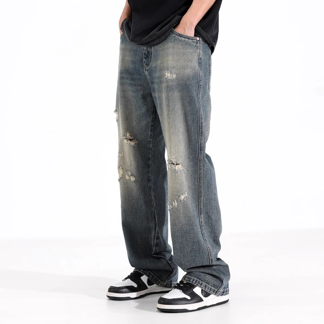 美式复古水洗做旧破洞牛仔裤男士春夏季新款宽松直筒潮牌阔腿裤子