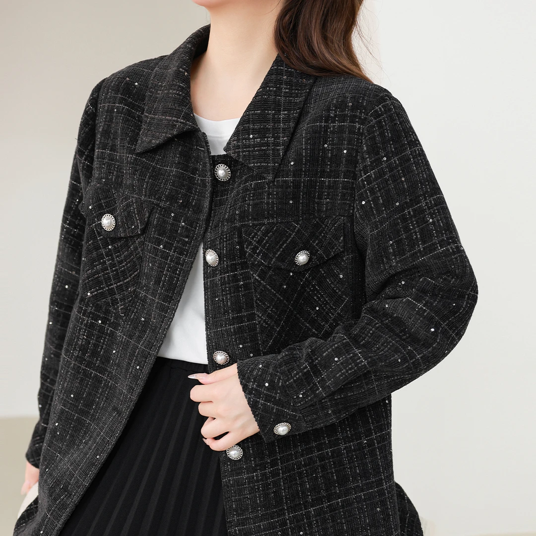 【重工亮片小香风】MsShe大码女装新款春季翻领长款外套E2409043