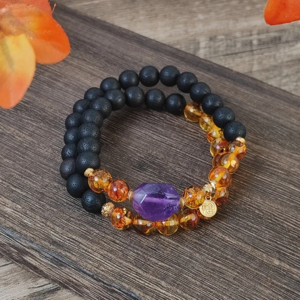 【花样年华】缅甸降真香花珀紫水晶随形双圈手串（多样性发其一）